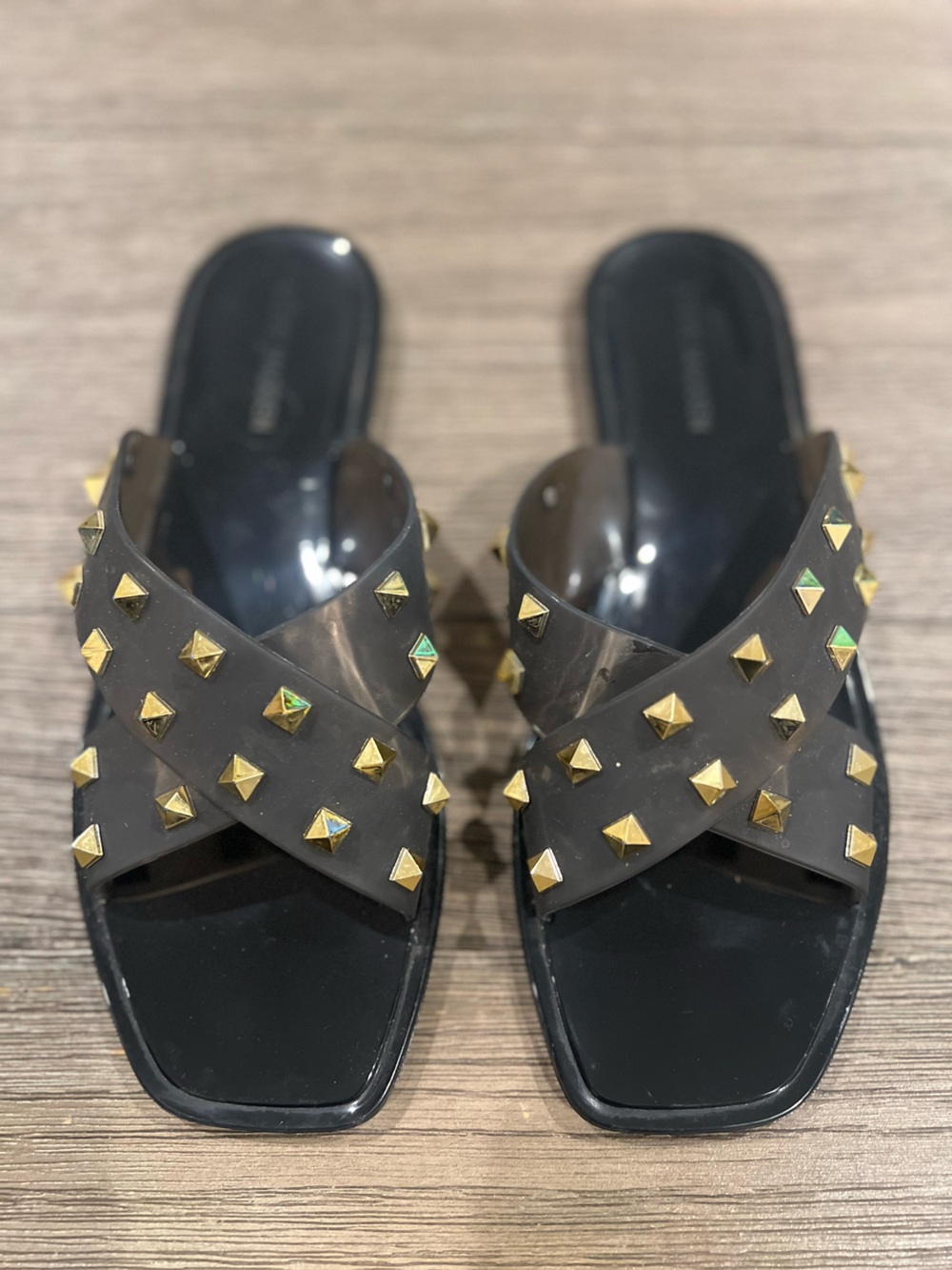 Steve Madden Women's Black and Gold Studded Slide Sandals